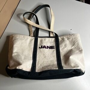 LL Bean Boat and Tote Canvas Bag Large Zip Top Jane Embroidery Black White
